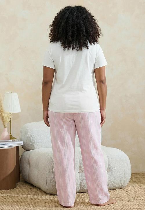 Trendyol - Striped Knitted Plus Size Pajama Set - White-Pink