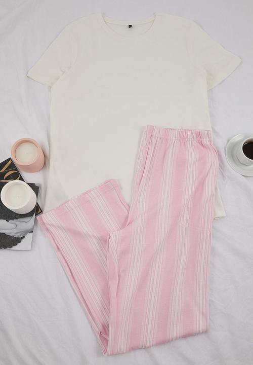 Trendyol - Striped Knitted Plus Size Pajama Set - White-Pink
