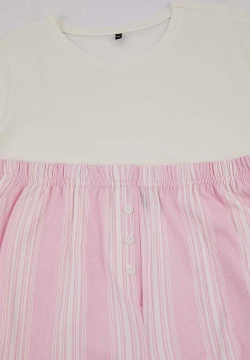 Trendyol - Striped Knitted Plus Size Pajama Set - White-Pink