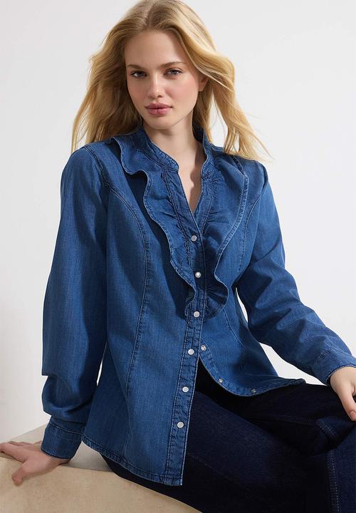 Trendyol - Peter Pan Collar Cotton Denim Shirt - Blue