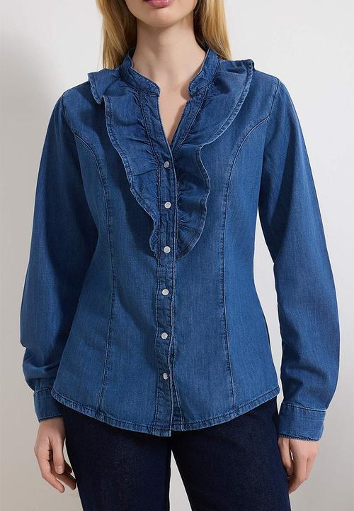 Trendyol - Peter Pan Collar Cotton Denim Shirt - Blue