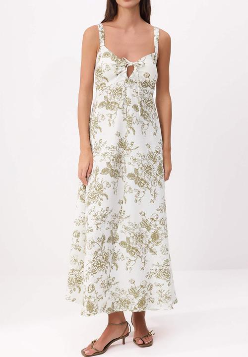 Trendyol - Floral Linen Woven Dress - ~White