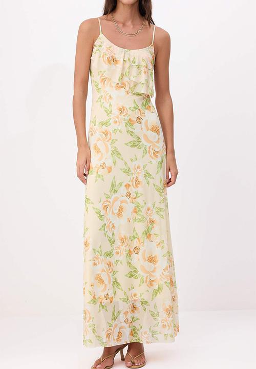 Trendyol - Floral A-Line Maxi Knitted Dress - Yellow