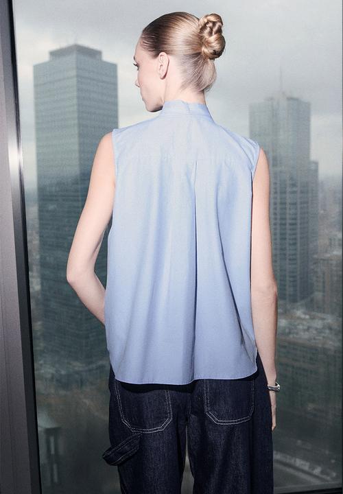 Trendyol - Collared Tie Detail Shirt - Light Blue