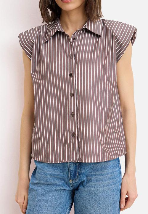 Trendyol - Striped Sleeveless Shirt with Shoulder Pads - Brown