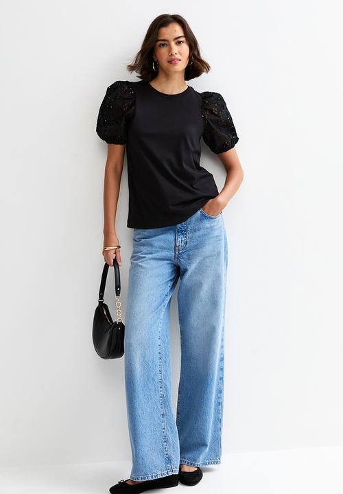 New Look - Vde broderie puff sleeve  - black