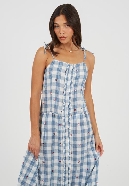 Brave Soul - Ladies Button Front Maxi Dress With Embroidery Details - Blue/White