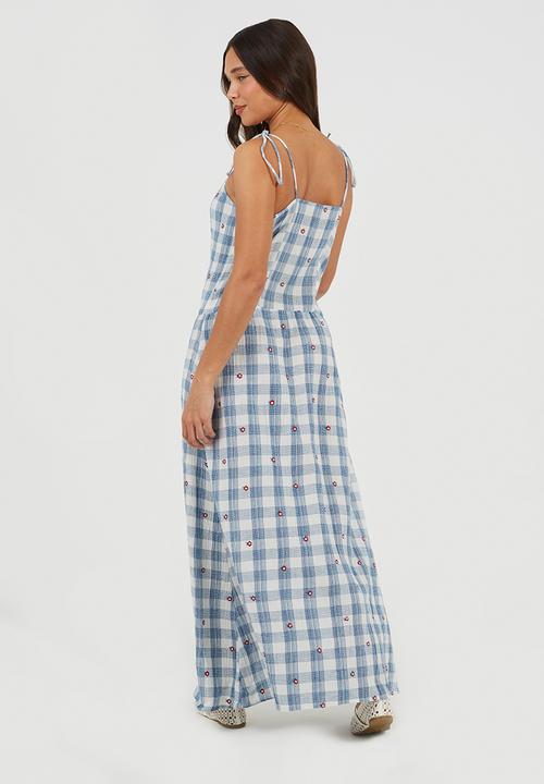 Brave Soul - Ladies Button Front Maxi Dress With Embroidery Details - Blue/White