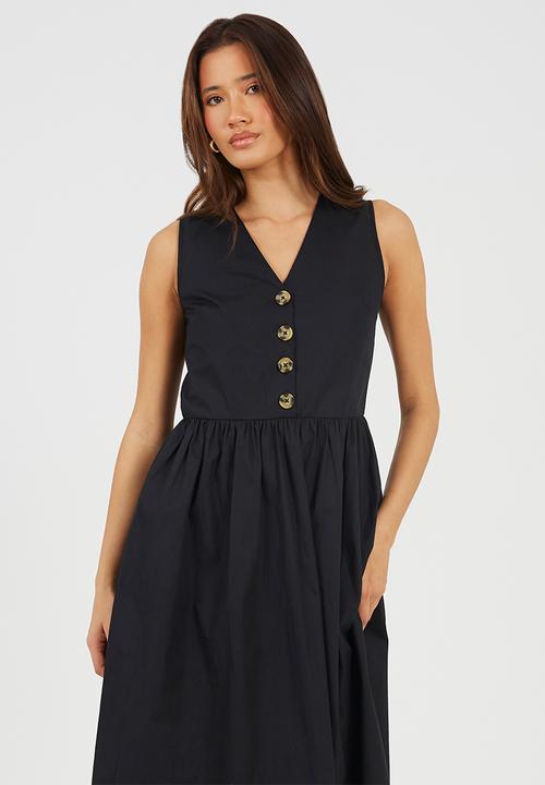 Brave Soul - Ladies Sleeveless V Neck Button Down Midi Dress - Black