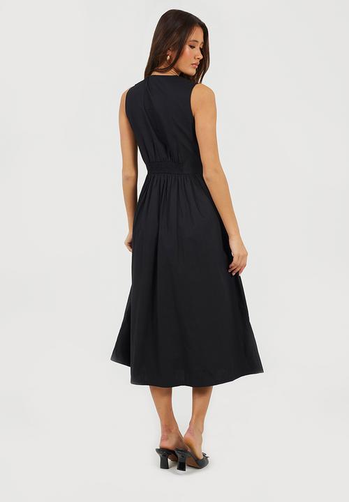 Brave Soul - Ladies Sleeveless V Neck Button Down Midi Dress - Black