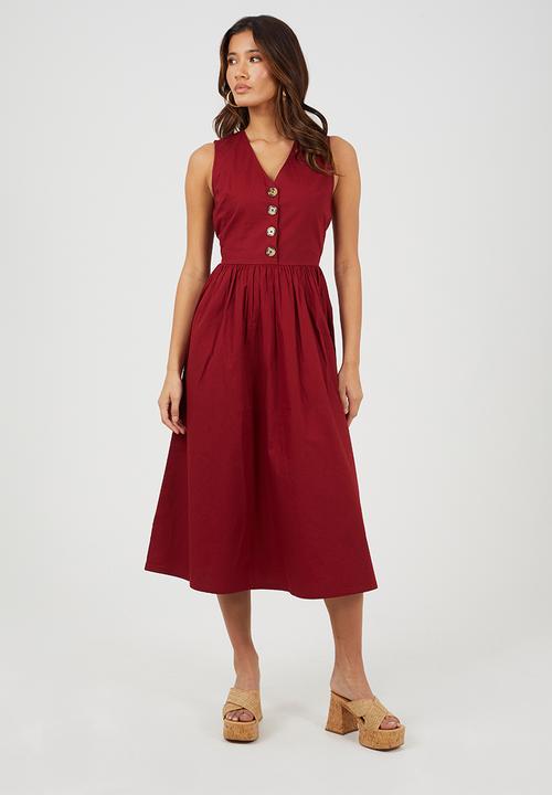 Brave Soul - Ladies Sleeveless V Neck Button Down Midi Dress - Red