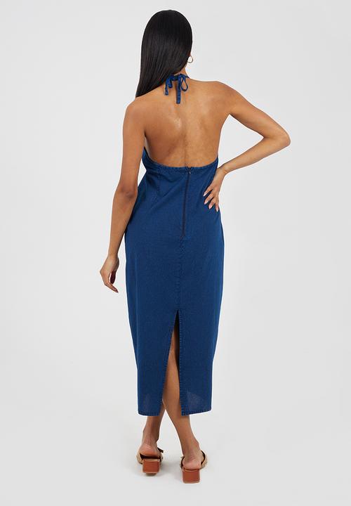 Brave Soul - Ladies Halter Neck Enzyme-Washed Chambray Midi Dress - Indigo Wash