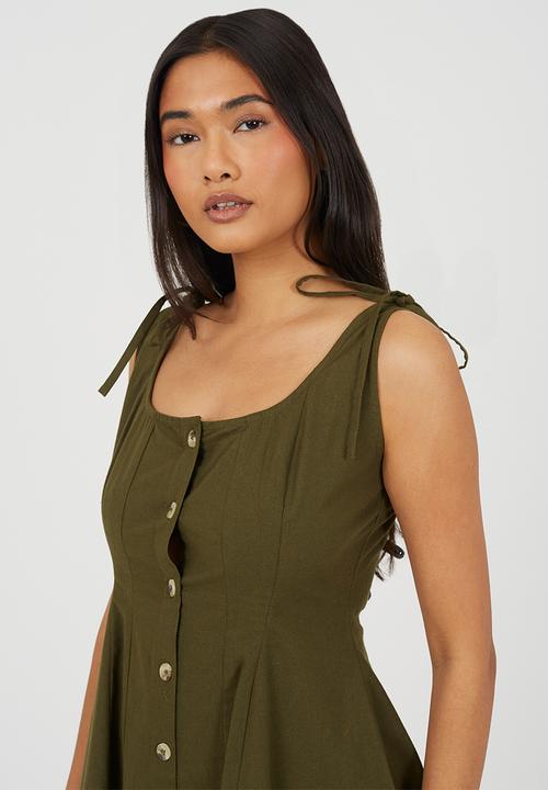 Brave Soul - Ladies Cream Panelled A-Line Mini Dress With Button Details - Khaki