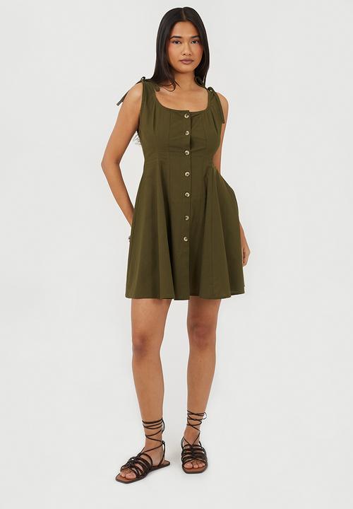 Brave Soul - Ladies Cream Panelled A-Line Mini Dress With Button Details - Khaki