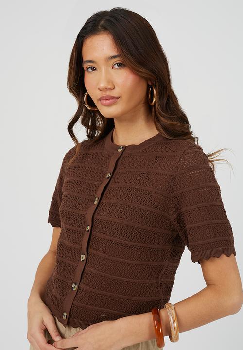 Brave Soul - Ladies Button Through Cardigan With All Over Stitch Repeat - Chocolate
