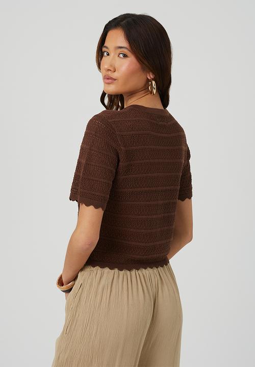 Brave Soul - Ladies Button Through Cardigan With All Over Stitch Repeat - Chocolate