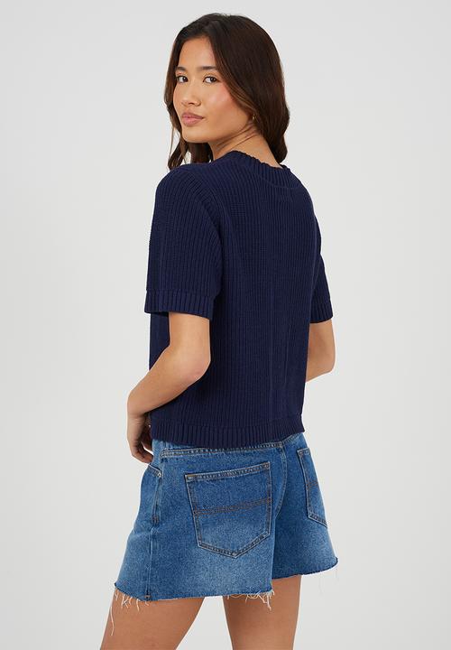 Brave Soul - Ladies V Neck Short Sleeve Cardi With Gold Starfish Button Through - Navy