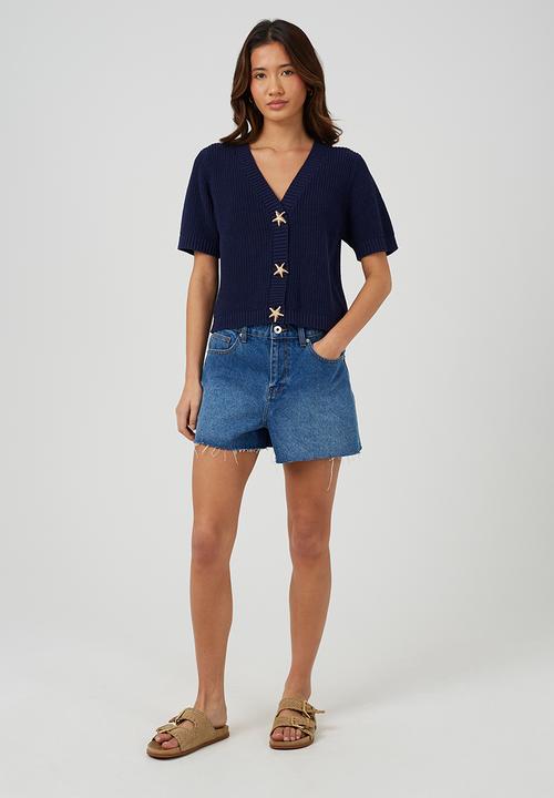 Brave Soul - Ladies V Neck Short Sleeve Cardi With Gold Starfish Button Through - Navy