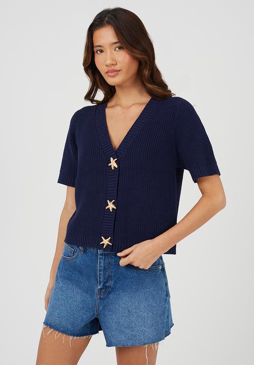Brave Soul - Ladies V Neck Short Sleeve Cardi With Gold Starfish Button Through - Navy