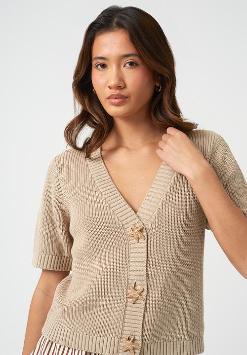 Brave Soul - Ladies V Neck Short Sleeve Cardi With Gold Starfish Button Through - Stone