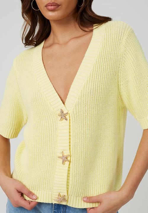 Brave Soul - Ladies V Neck Short Sleeve Cardi With Gold Starfish Button Through - Yellow