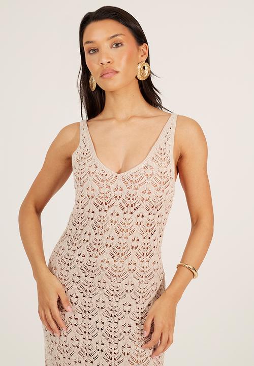 Brave Soul - Ladies Pointelle V-Neck Open Knit Midi Dress With Scallop Hem - Stone