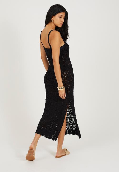 Brave Soul - Ladies Pointelle V-Neck Open Knit Midi Dress With Scallop Hem - Black
