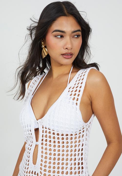 Brave Soul - Ladies Mesh Crochet Midi Dress With Side Splits - White