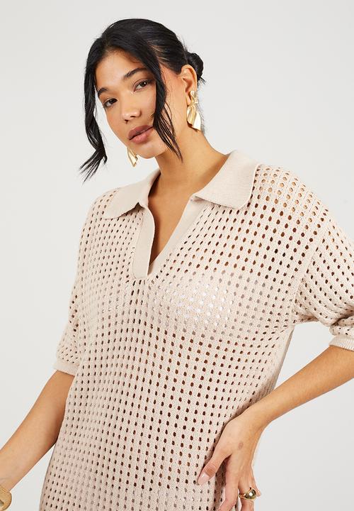 Brave Soul - Ladies Collared Short Sleeve Dress In Open Knit Mesh Stitch Side Split Hem - Stone