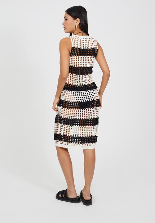 Brave Soul - Ladies Mesh Crochet Midi Dress With Block Stripe - Cream/Black Stripe
