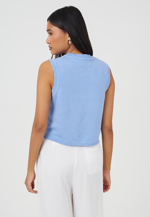 Brave Soul - Ladies Crew Neck Knitted Tank With Crochet Flower Placement - Blue