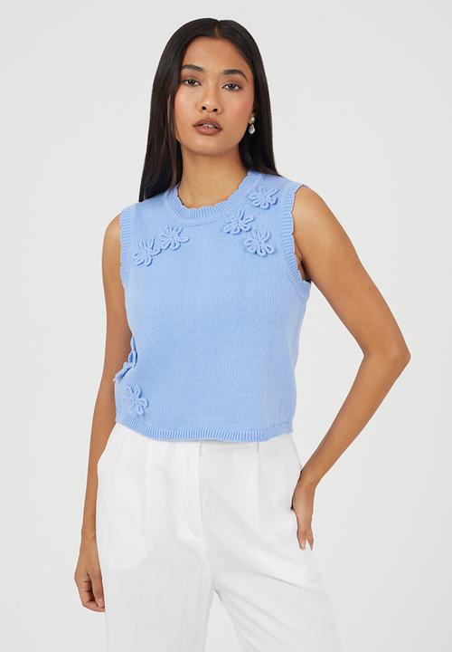 Brave Soul - Ladies Crew Neck Knitted Tank With Crochet Flower Placement - Blue