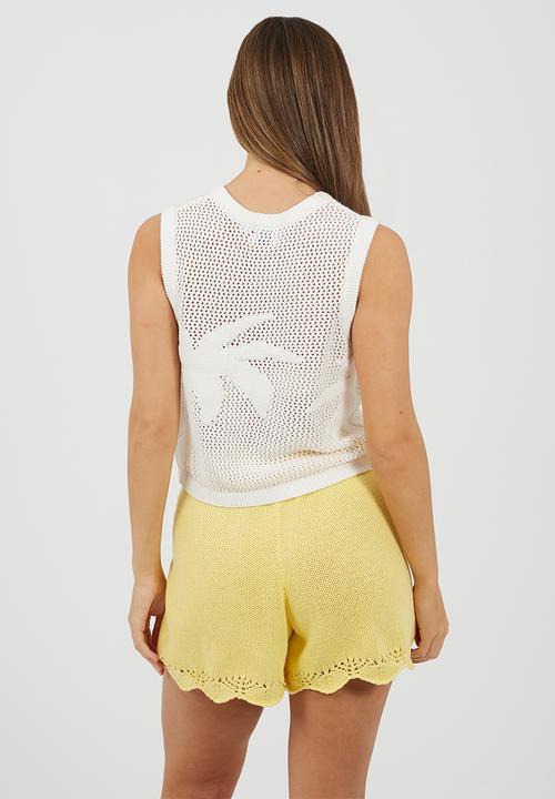 Brave Soul - Ladies Mesh Knitted Tank With Jacquard Palm Tree Design - White