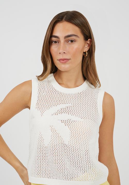 Brave Soul - Ladies Mesh Knitted Tank With Jacquard Palm Tree Design - White