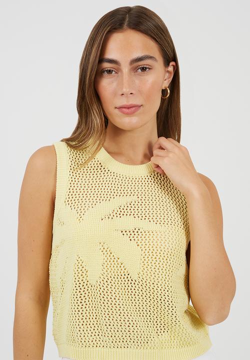 Brave Soul - Ladies Mesh Knitted Tank With Jacquard Palm Tree Design - Yellow