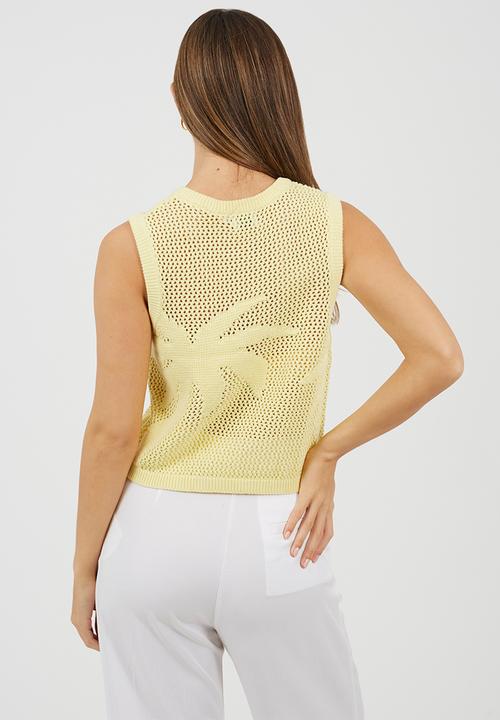 Brave Soul - Ladies Mesh Knitted Tank With Jacquard Palm Tree Design - Yellow