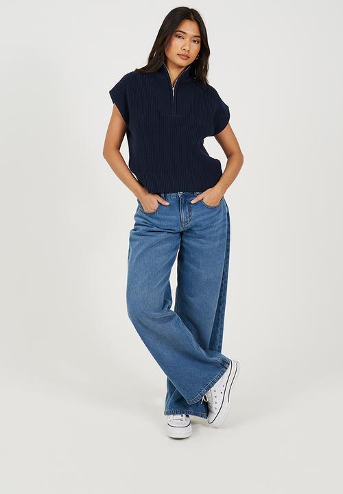 Brave Soul - Ladies Collared Half Zip Neck Oversized Tank - Navy