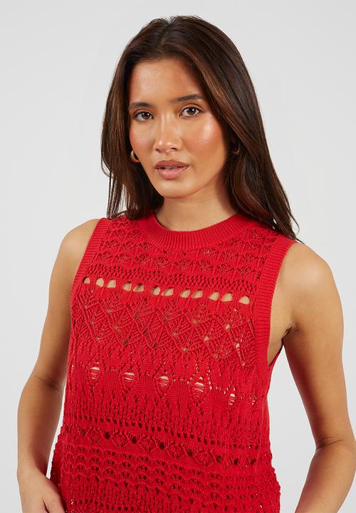 Brave Soul - Ladies Crew Neck Tank With Scallop Hem And All Over Pointelle Stitch - Red