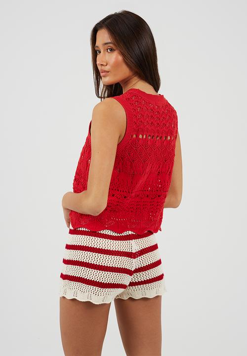 Brave Soul - Ladies Crew Neck Tank With Scallop Hem And All Over Pointelle Stitch - Red