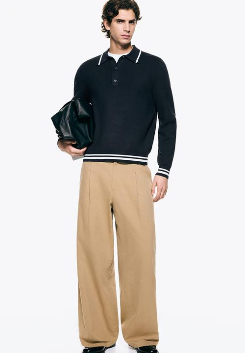 H&M - Relaxed fit long-sleeved polo shirt - dark blue/stripes