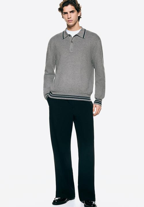 H&M - Relaxed fit long-sleeved polo shirt - dark grey/stripes