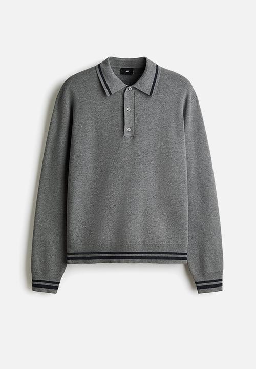 H&M - Relaxed fit long-sleeved polo shirt - dark grey/stripes