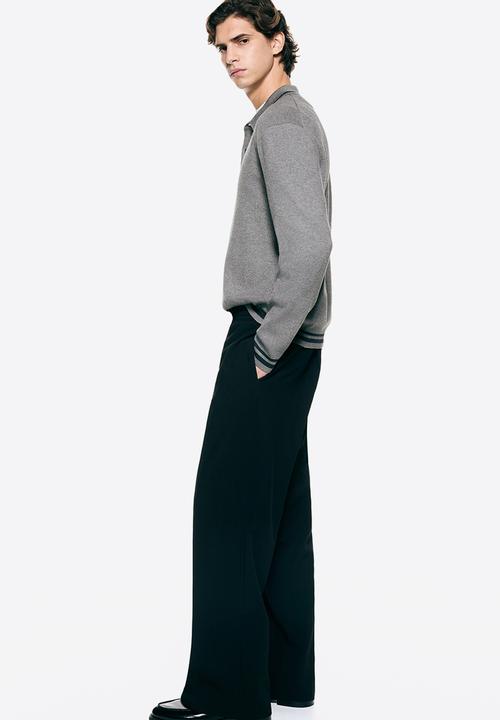 H&M - Relaxed fit long-sleeved polo shirt - dark grey/stripes