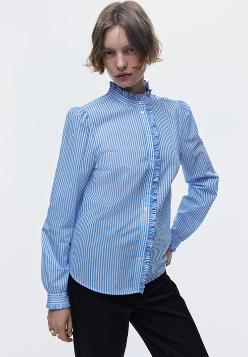 H&M - Frill-trimmed poplin blouse - blue/striped