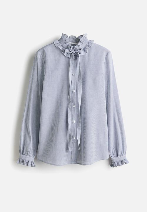 H&M - Frill-trimmed blouse - dark blue/striped