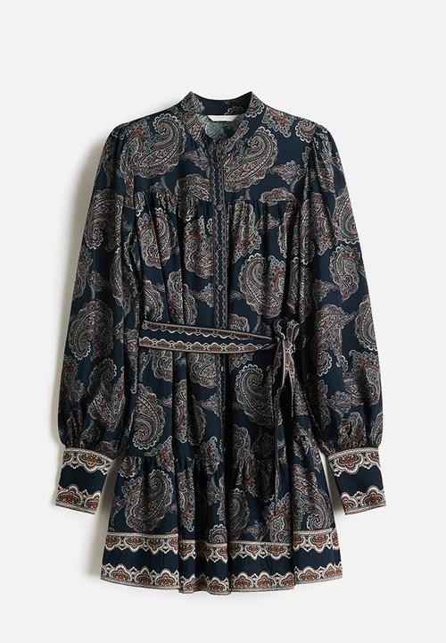 H&M - Tie-belt tunic dress - dark blue/paisley pattern