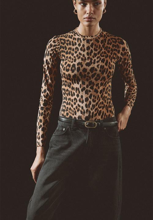 H&M - Long-sleeved body - dark beige/leopard print