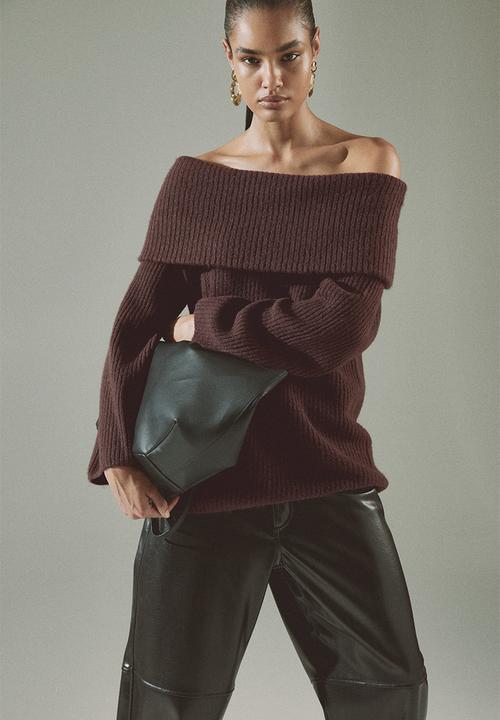 H&M - Rib-knit off-the-shoulder jumper - dark brown
