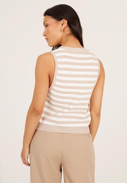 Brave Soul - Ladies V-Neck Waistcoat With Fancy Button Front Fastening - Stone/White