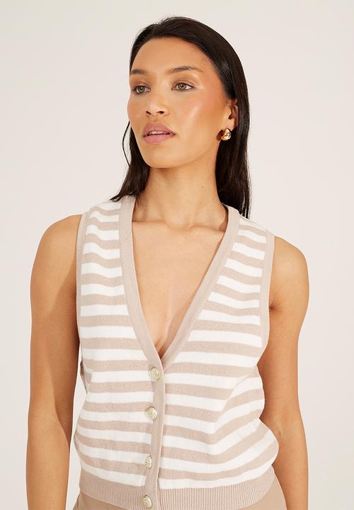 Brave Soul - Ladies V-Neck Waistcoat With Fancy Button Front Fastening - Stone/White